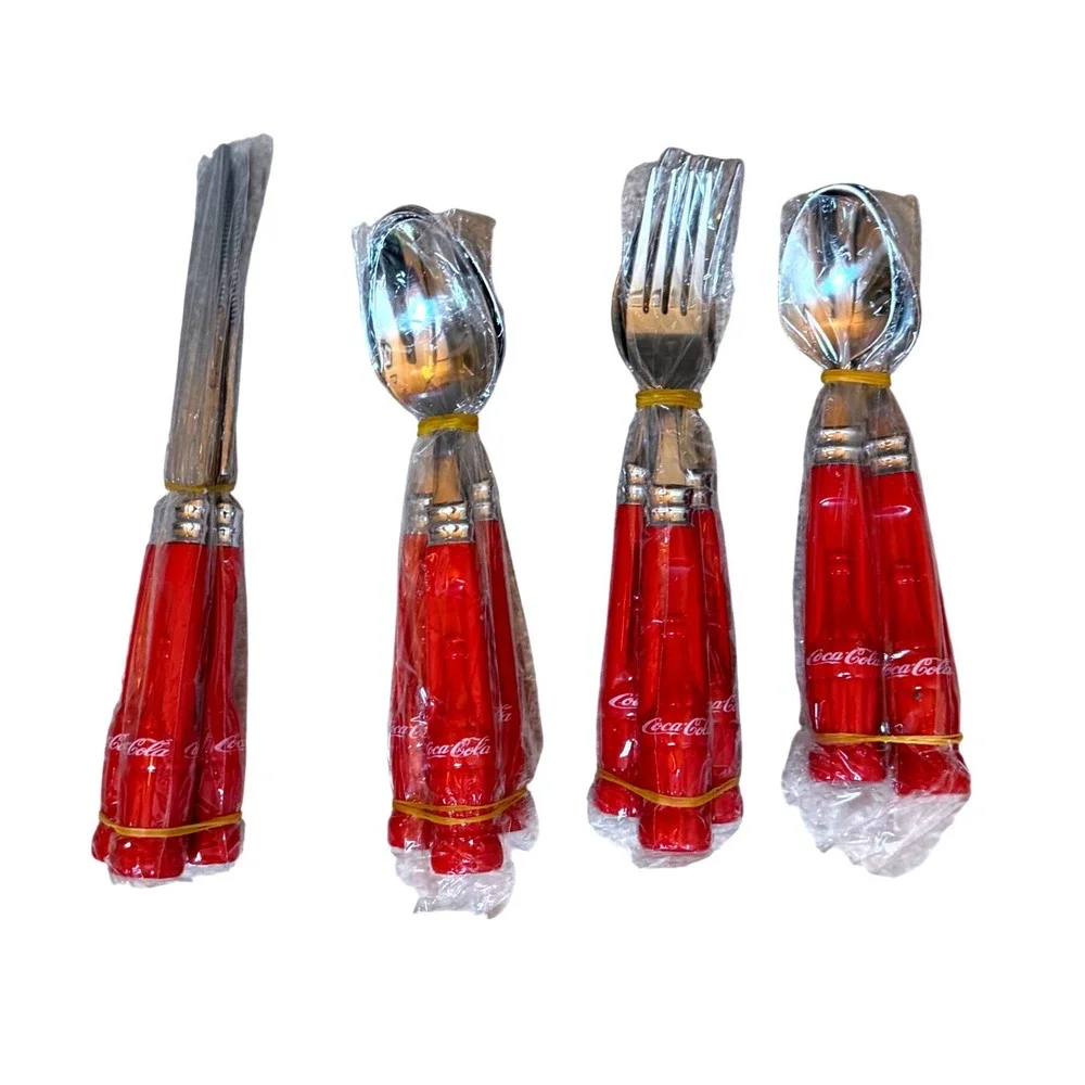 Coca-Cola Flatware Set Red NEW 16 Piece Contour Bottle Service for 4 Unisex VTG